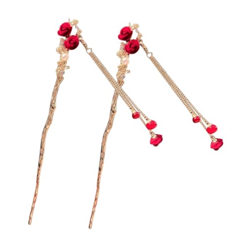 PENIKOKO 2 Stück Teilig Haarstäbchen mit Roter Rosen Dekoration Vintage Haarschmuck für Damen Leicht und Rutschfest für Hochsteckfrisuren und Besondere Anlässe Wie Geburtstag oder von PENIKOKO