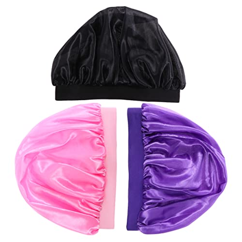 PENIKOKO 3 Stück Elastische Haarschutzhauben Für Kinder Satin Haarschutz Breiter Rand Für Zuhause Und Reisen (schwarz Rosa) von PENIKOKO