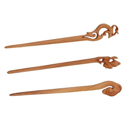 PENIKOKO 3 Stück Vintage Holz Haarstäbchen Handgeschnitzte Chinesische Haarnadeln aus Pfirsichholz Lange Haarklammern für Dickes Haar Fester Sitz für Dutt Eleganter Haarschmuck für Frauen von PENIKOKO