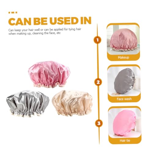 PENIKOKO 3 Stück Wasserdichte Wiederverwendbare Satin Duschhauben für Damen Große Staubdichte Badehauben in Gold Leicht für Duschen Make up und Reisen von PENIKOKO