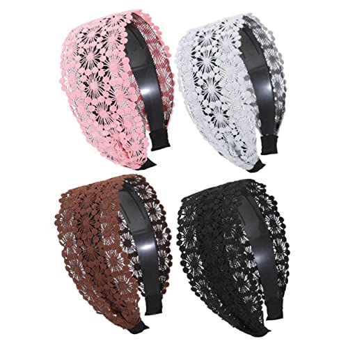 PENIKOKO 4 Stück Dekorative Stirnbänder Für Frauen Breite Spitzenhaarbänder in Schwarz Kaffee Rosa Und Hellgrau Rutschfestes Haarschmuck Für Partys Fotoshootings Und Alltagsgebrauch von PENIKOKO
