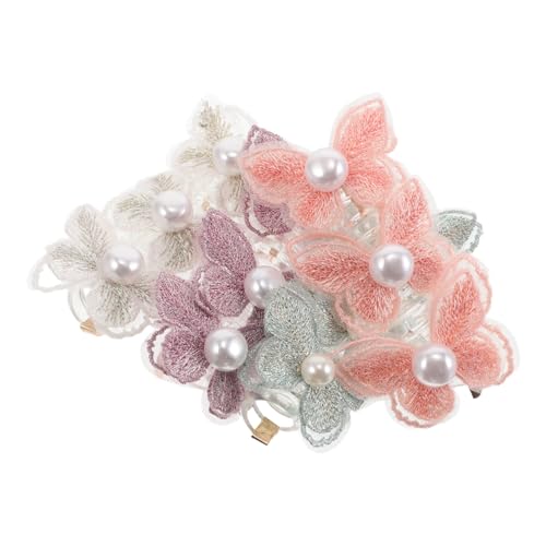 PENIKOKO 4 Stück Teiliges Spiralförmiger Elastischer Haargummis mit Schmetterlings Spitze und Perlenbesatz Farbenfrohe Telefonkabel Design Ponytail Holder für Damen und Mädchen Langlebig von PENIKOKO