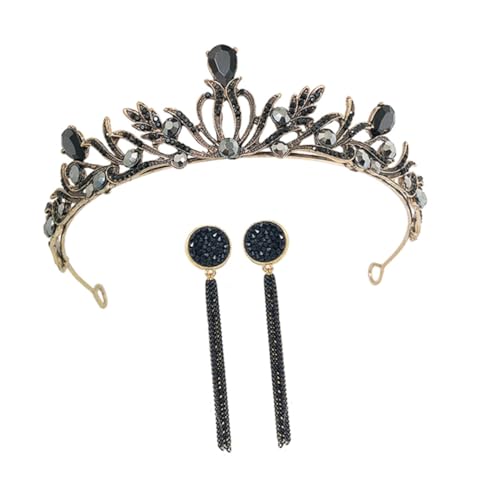 PENIKOKO Vintage Brautkrone und Ohrringe Luxuriöses Schwarzes Barock Crown Haarband mit Funkelnden Strasssteinen Eleganter Schmuck für Hochzeit Geburtstag und Festliche Anlässe von PENIKOKO