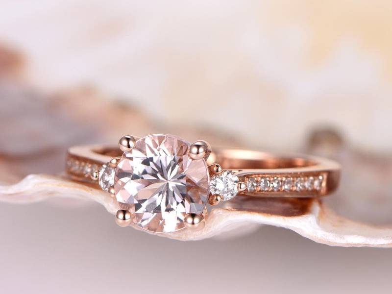 1.2Ct Morganit Verlobungsring 7mm Rundschliff Ring Diamant Band Fassung Solide 14K Rose Gold Brautring von PENNIjewel