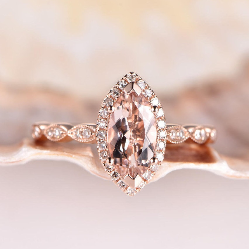 10x5mm Marquise Shaped Morganit Diamant Verlobungsring Rose Gold Halo Ring Jahrestag Geschenk Halbe Ewigkeit Versprechen von PENNIjewel
