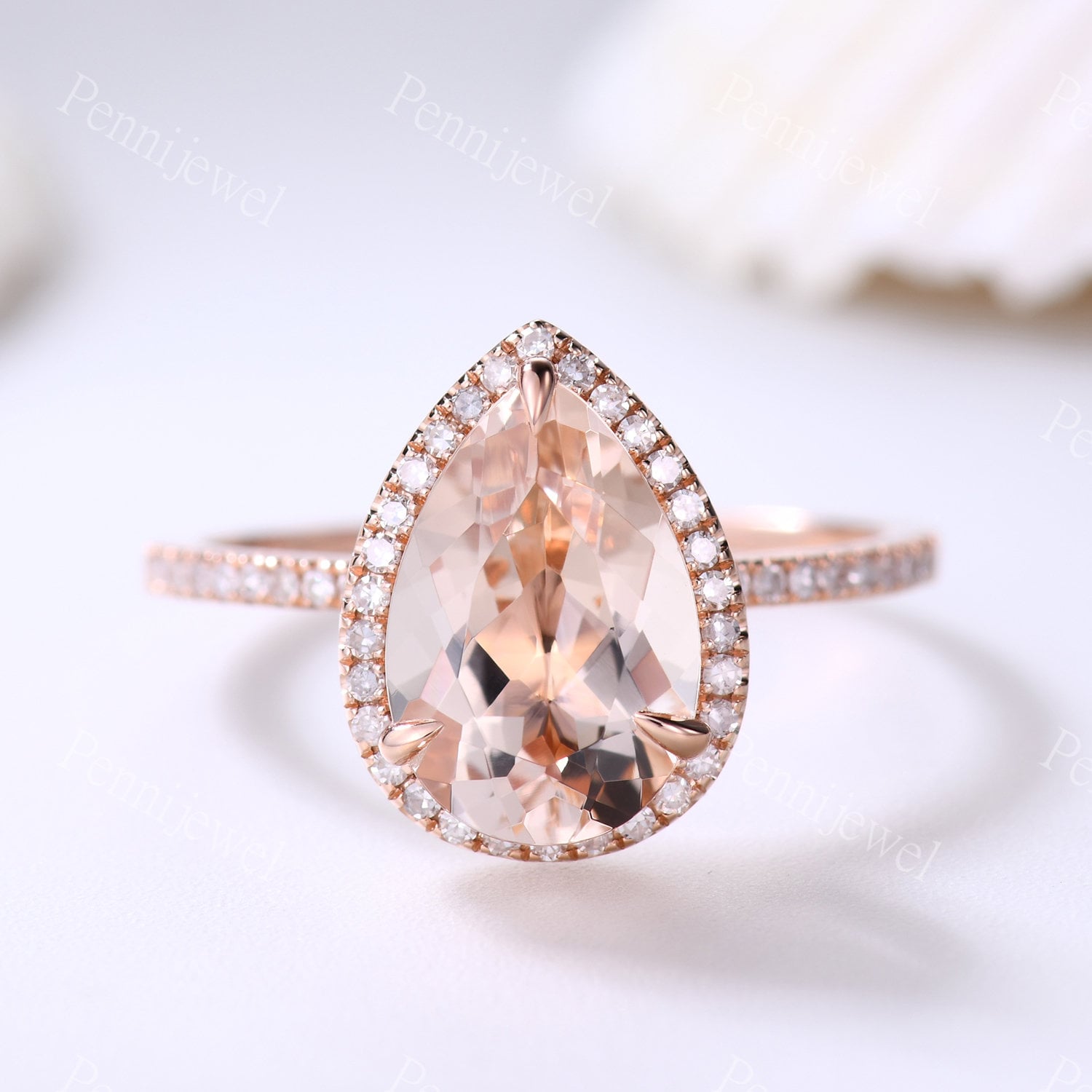 12x8mm Pear Cut Morganit Verlobungsring, Diamant Halo Ring, Rose Gold Diamant Jahrestag Ring, Diamant Ehering, Geschenk Für Frauen von PENNIjewel