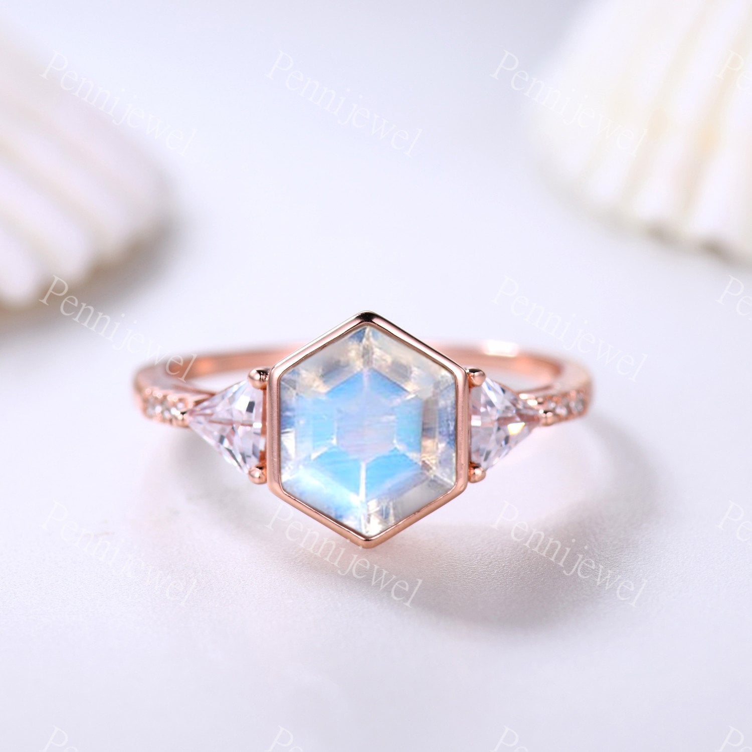 14K Rosegold Ring Hexagon Natürlicher Mondstein Verlobungsring Für Frauen Moissanit Hochzeitsband Regenbogen Jahrestag Brautring von PENNIjewel