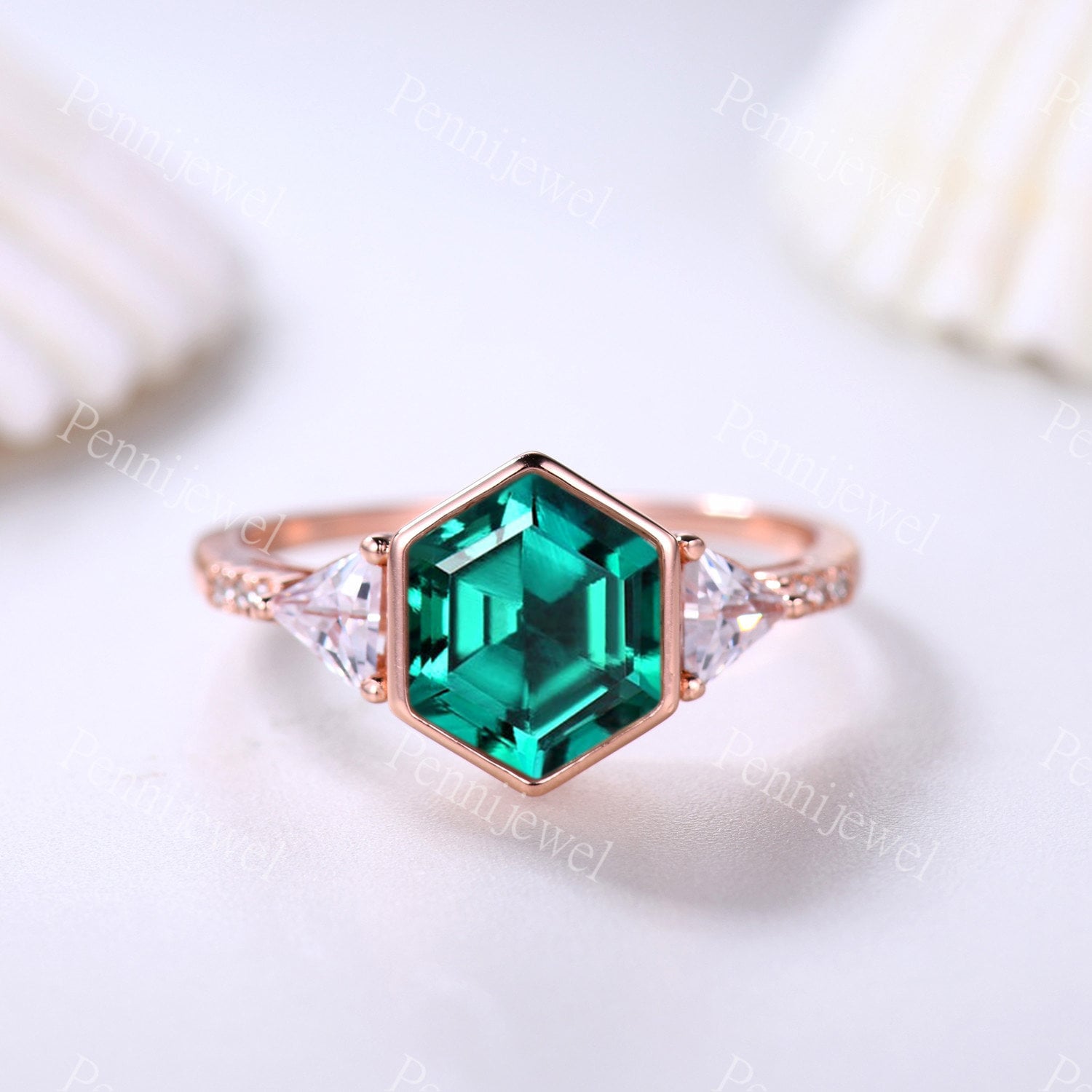 14K Rosengold Ring Vintage Hexagon Smaragd Verlobungsring Für Frauen Moissanit Hochzeitsband Mai Geburtsstein Jahrestag Brautring von PENNIjewel