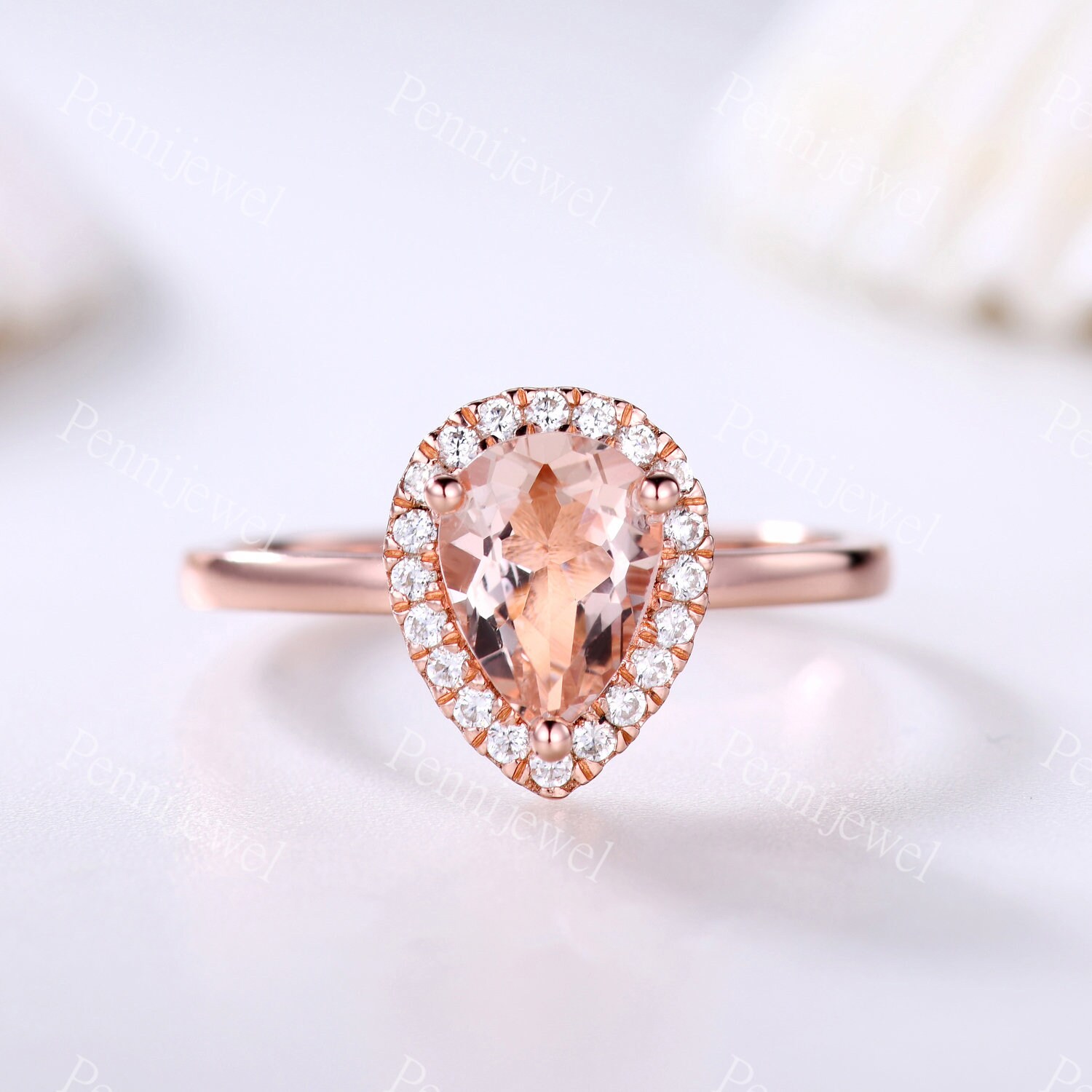 1Ct Pear Cut Morganit Verlobungsring, Diamant Halo Ring, 14K Roségold, Schlichtes Gold Band, Versprechen Jahrestag Geschenk, Vintage Ring von PENNIjewel