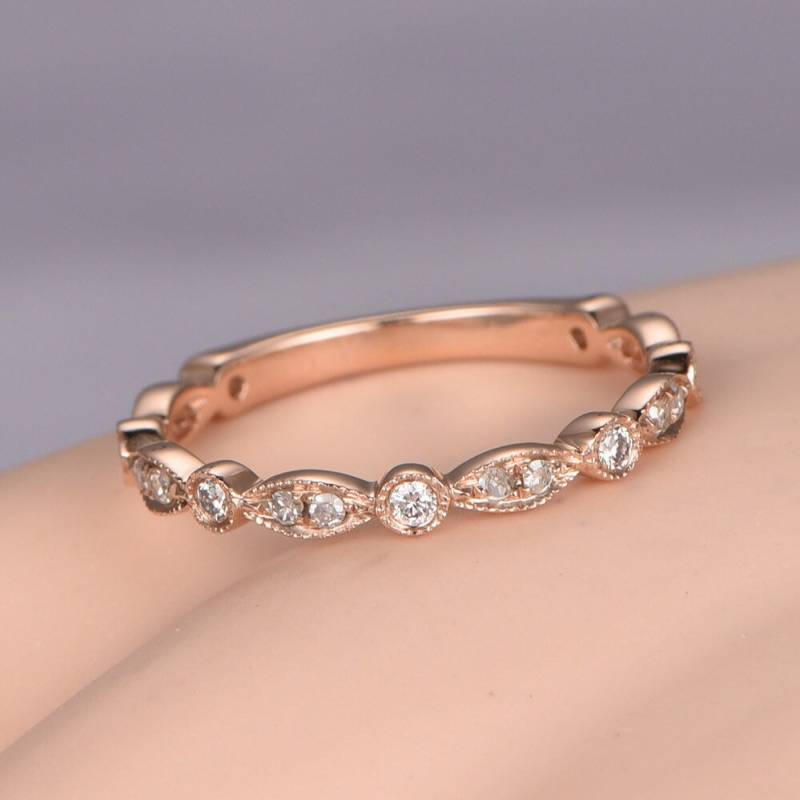 3/4 Eternity Milgrain Diamond Hochzeitsband Massives 14K Roségold Verlobungs Stapeln Passende Band Jubiläumsring Marquise Set von PENNIjewel