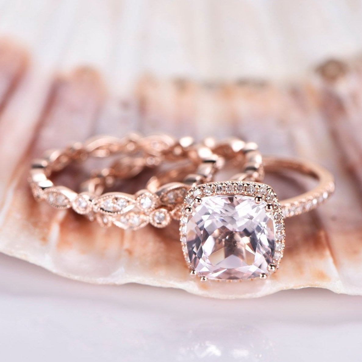 3 Stück Morganit Verlobungsring Set Rosegold Kissenschliff 9x9mm Diamant Ring 14K Full Eternity Hochzeit Band Braut Set von PENNIjewel