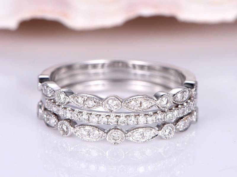3Stk Diamant Ehering Halb Ewigkeit Ring Massiv 14K Weißgold Verlobungsring Stapeln Passende Band Jubiläumsring Marquise Set von PENNIjewel