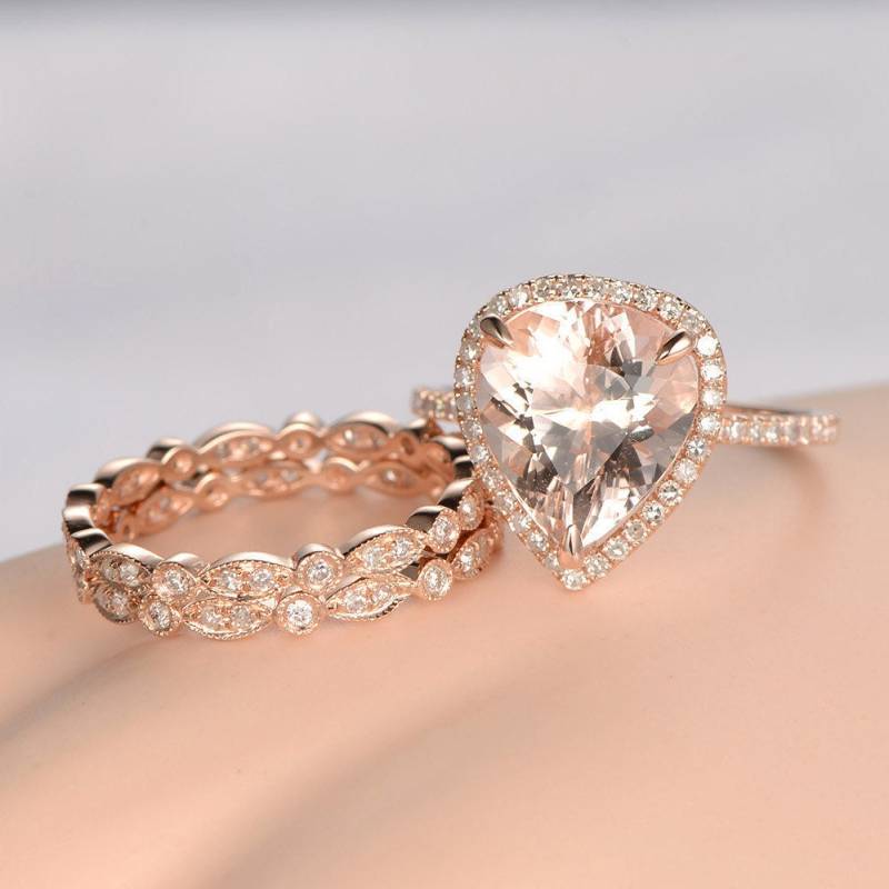 3Stk Pear Morganit Verlobungsring Set Roségold Diamant Full Eternity Bänder Stapelring Trauring 14K Rosa Stein Brautring von PENNIjewel