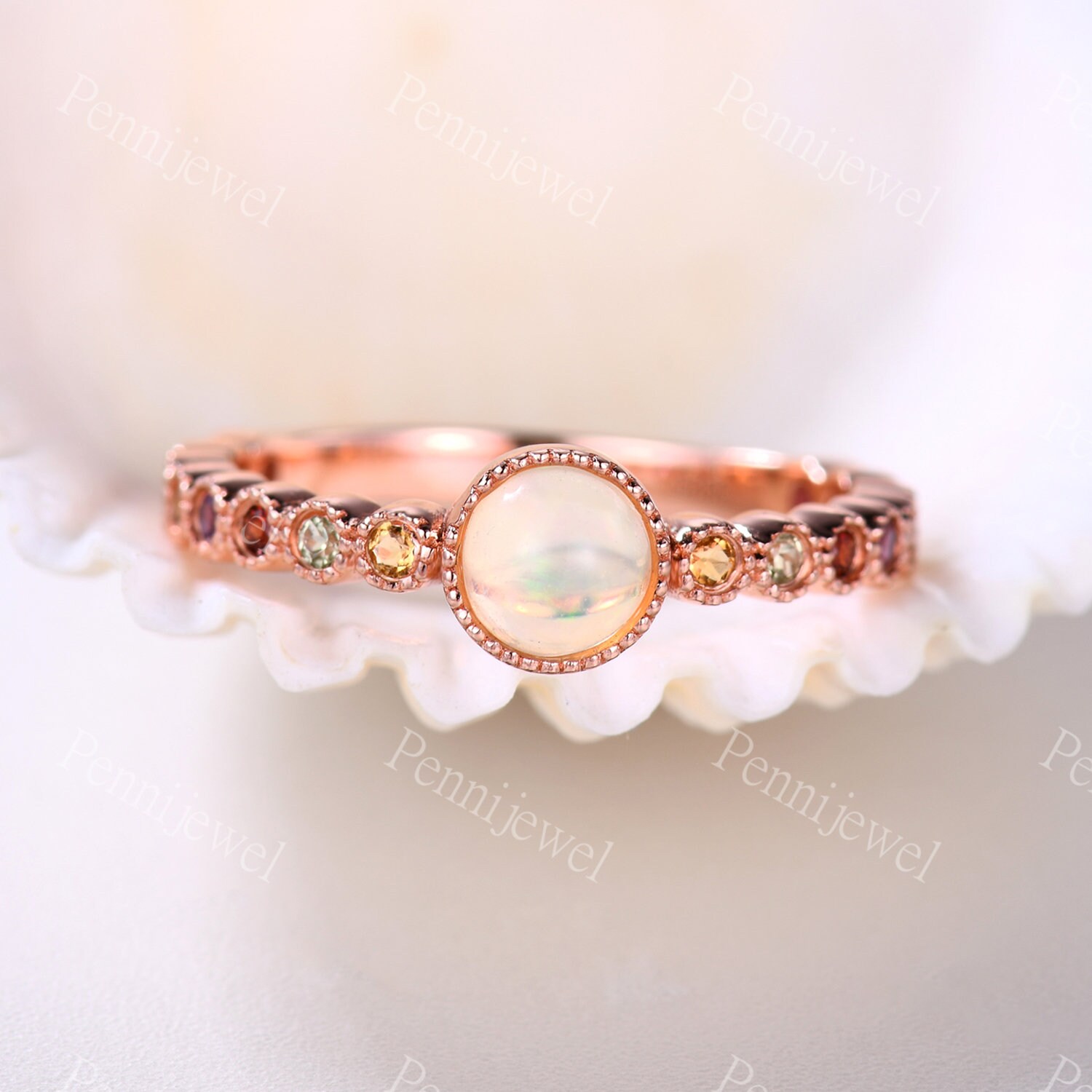 5mm Rundschliff Opal Verlobungsring, Citrin/Granat/Peridot/Amethyst Akzent Stein, Zierliche Jahrestag Geschenk, Opal Braut Ring, Edelstein Ring von PENNIjewel