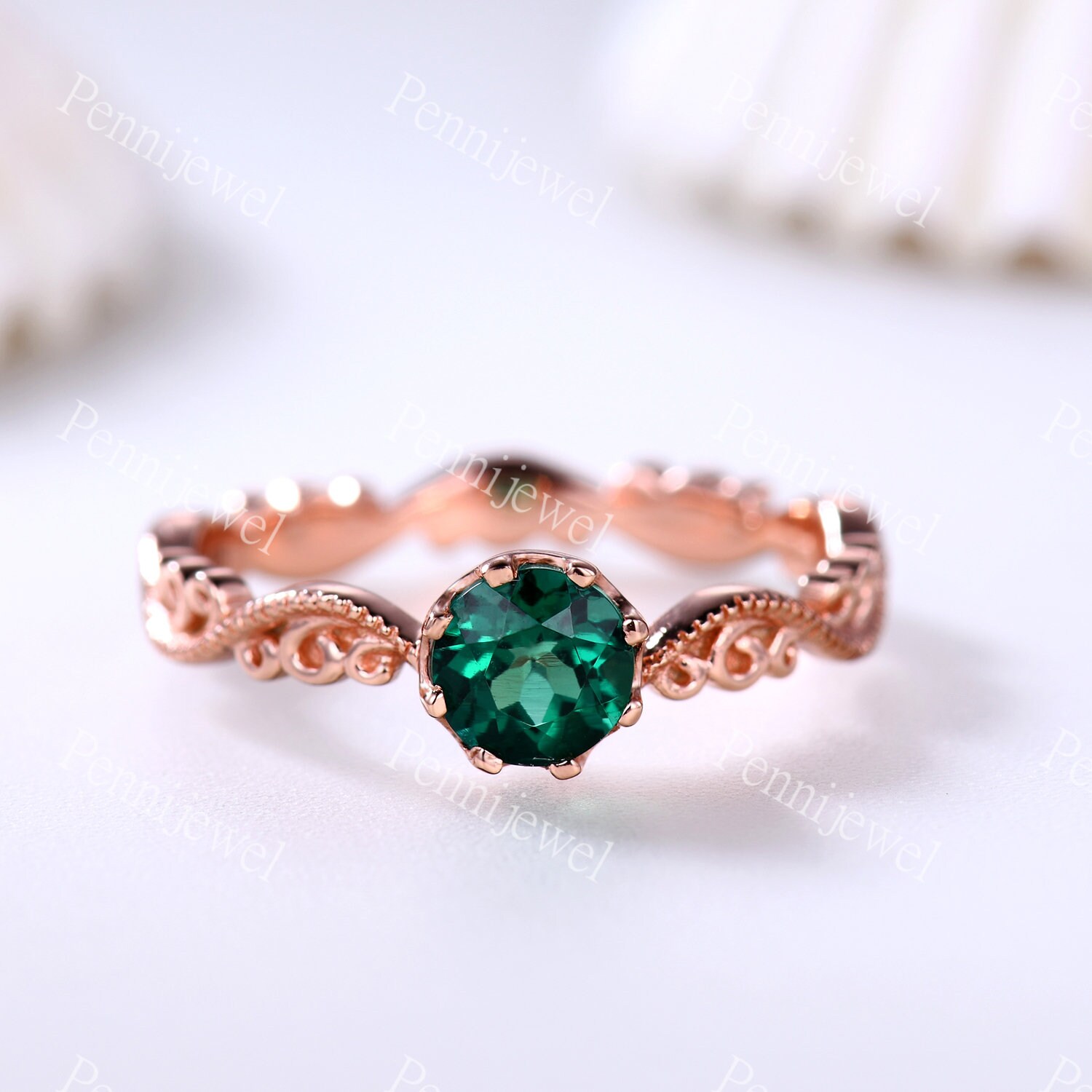 5mm Rundschliff Smaragd Verlobungsring, Milgrain Hochzeitsband, 14K Massive Rose Gold, Geburtstagsgeschenk Mai Geburtsstein, Vintage Versprechen Ring von PENNIjewel