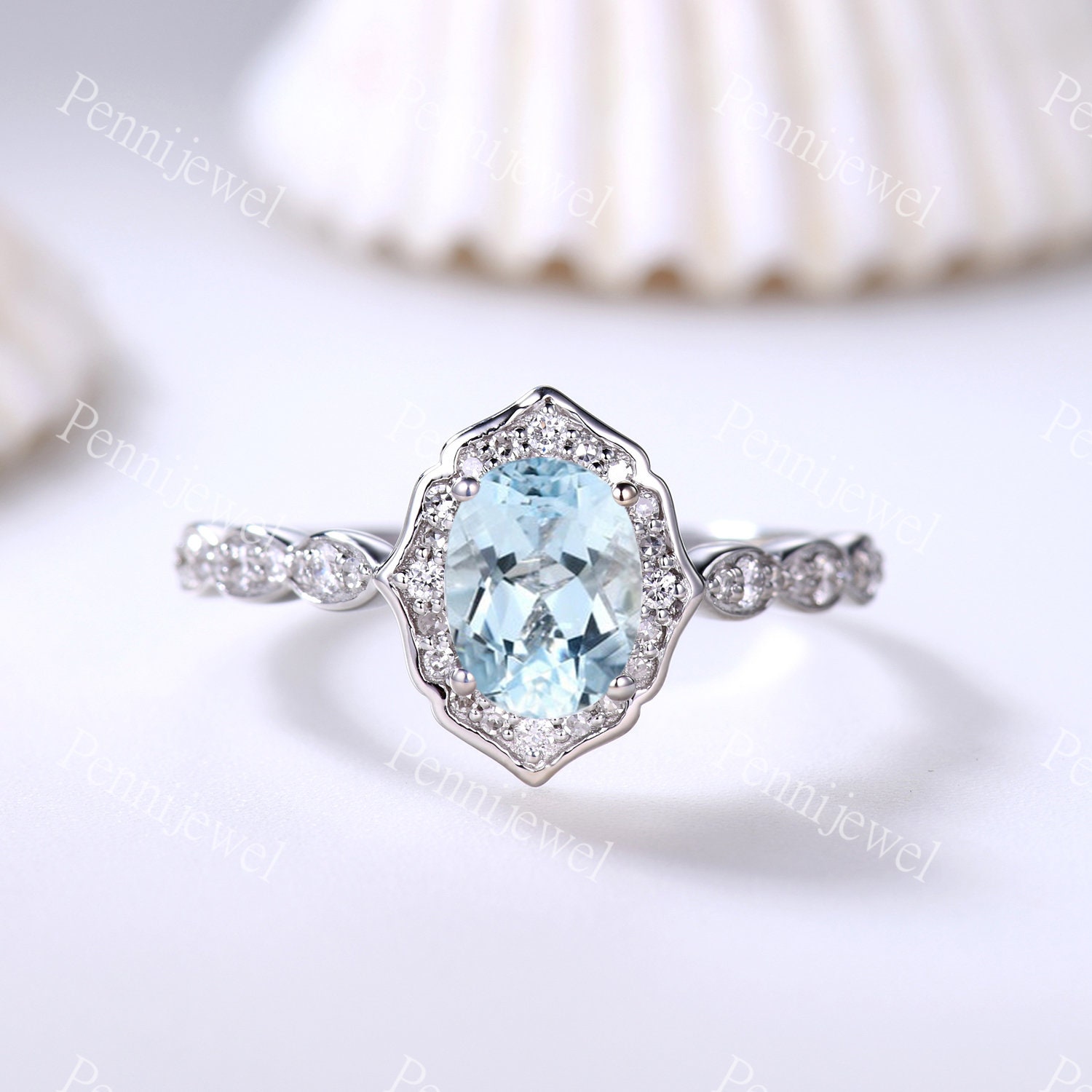 6x8mm Aquamarin Verlobungsring, Diamant Ehering, Ovalschliff Diamant Ehering, Art Deco Ring, Jahrestag Geschenk von PENNIjewel
