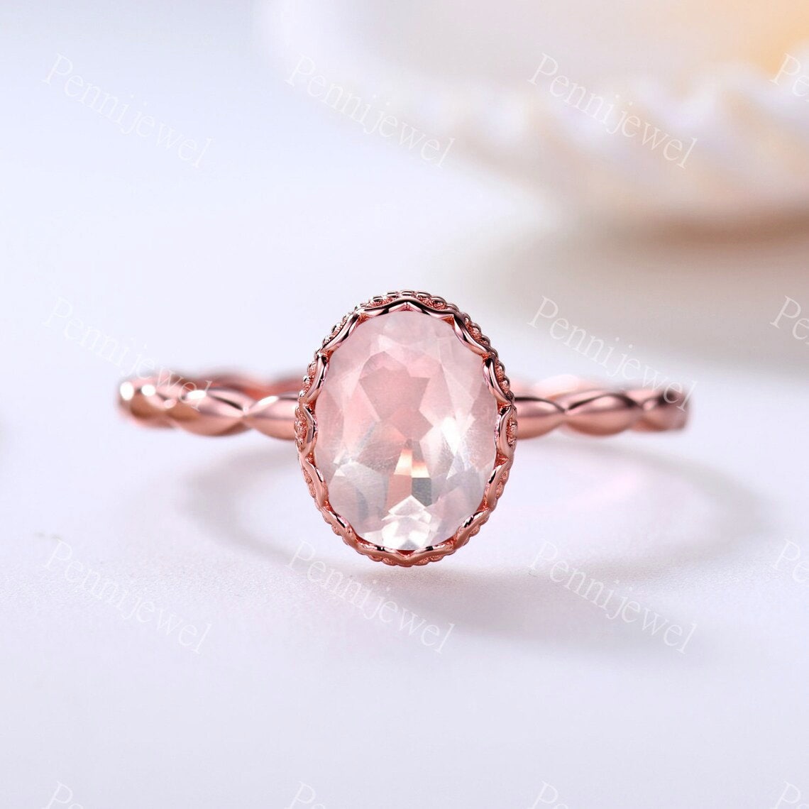 6x8mm Natürlicher Rosenquarz Verlobungsring, Rosa Edelstein Ring, 1, 5Ct Oval Shaped Ehering, Zierliche Ring Für Sie, Schlichtes Gold Band von PENNIjewel