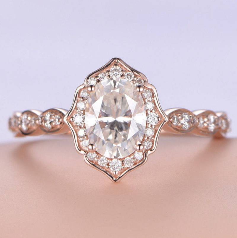 6x8mm Oval Cut Moissanit Verlobungsring 14K Roségold Natur Diamant Band Braut Ehering Versprechen Jahrestag Ring Art Deco von PENNIjewel