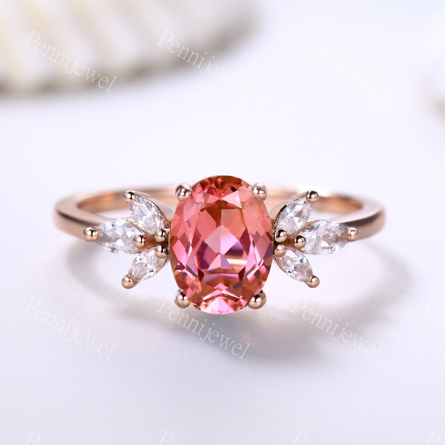 6x8mm Oval Geschliffener Padparadscha Saphir Ring, Marquise Förmiger Moissanit Ring, 14K Rose Gold, Jahrestag Ring Für Frauen, Saphir Versprechen von PENNIjewel