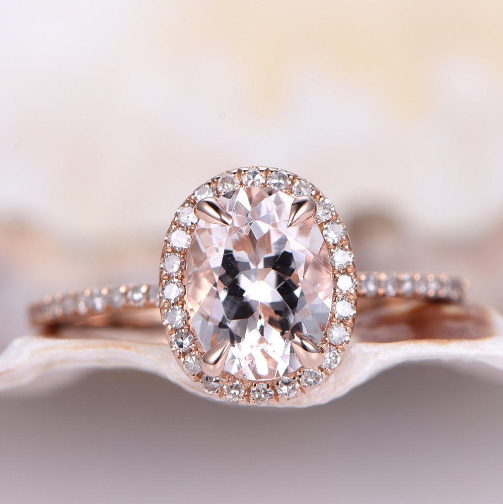 6x8mm Oval Morganit Ring Rose Gold Verlobungsring Halo Diamant Ehering 14K Jahrestag Geschenk Für Sie Brautschmuck von PENNIjewel