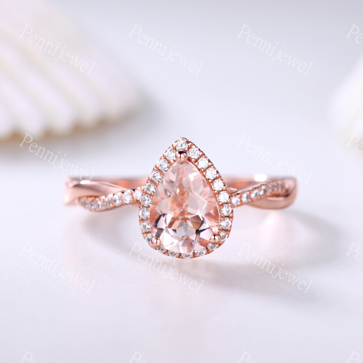 6x8mm Pear Cut Morganit Verlobungsring, Twist Diamanten Ehering, Diamant Halo Ring, 1Ct Ehering, Jahrestag Geschenk Für Sie von PENNIjewel