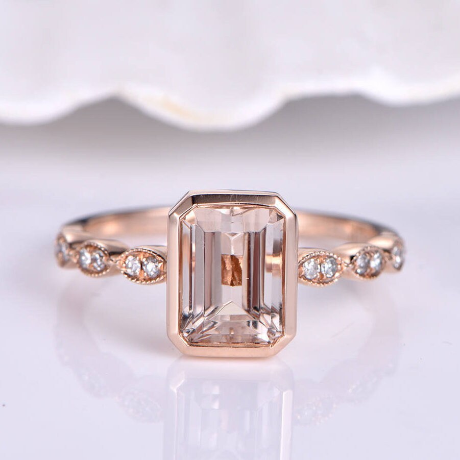 6x8mm Smaragd Schliff Morganit Verlobungsring Rose Gold Art Deco Halb Eternity Diamant Band Natürlicher Versprechen Ring Geschenk Für Sie von PENNIjewel