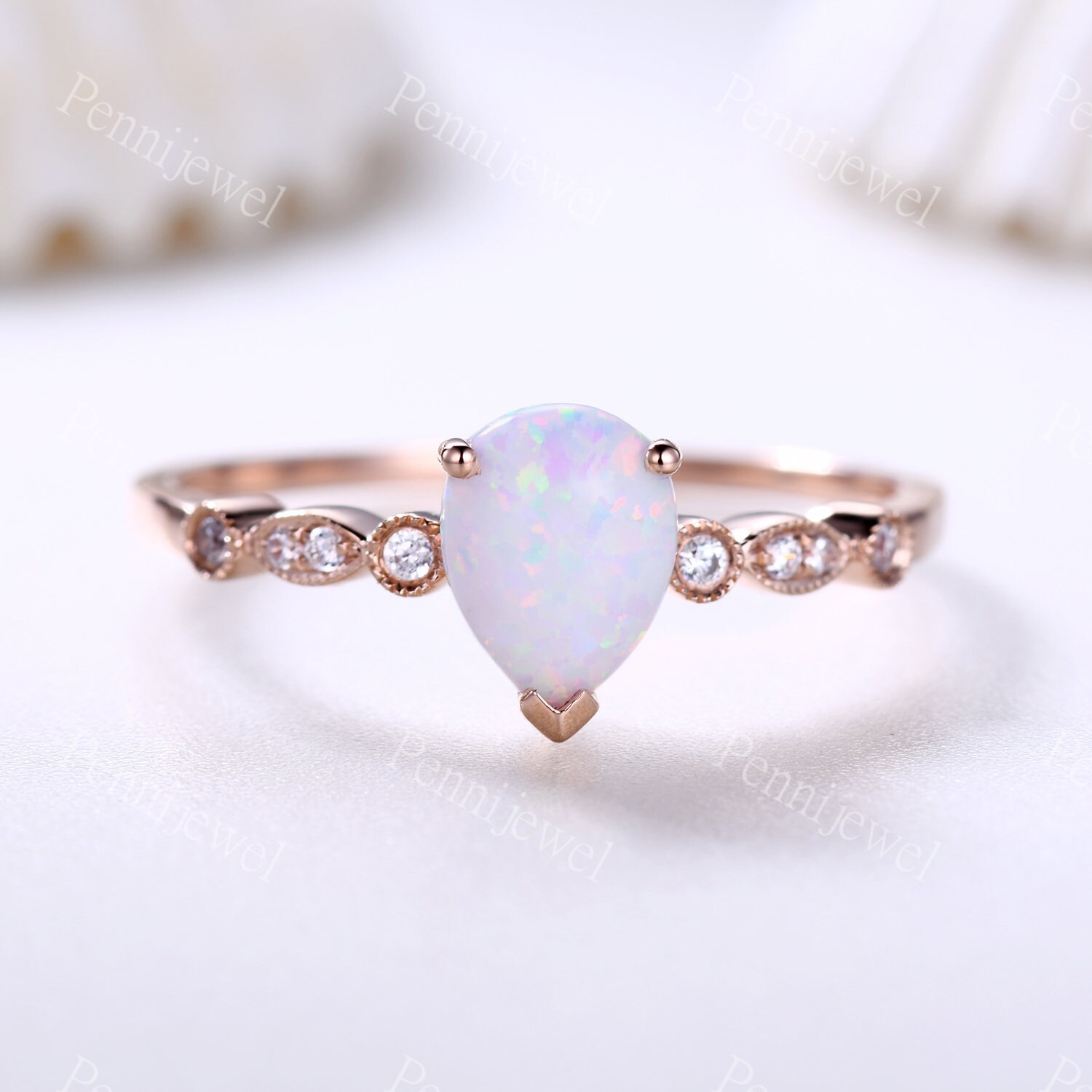 6x8mm Weißer Opal Verlobungsring, Birnenförmiger Ehering, Moissanit Milgrain Band, Vintage Roségold Ring, Jahrestag Geschenk Für Sie von PENNIjewel