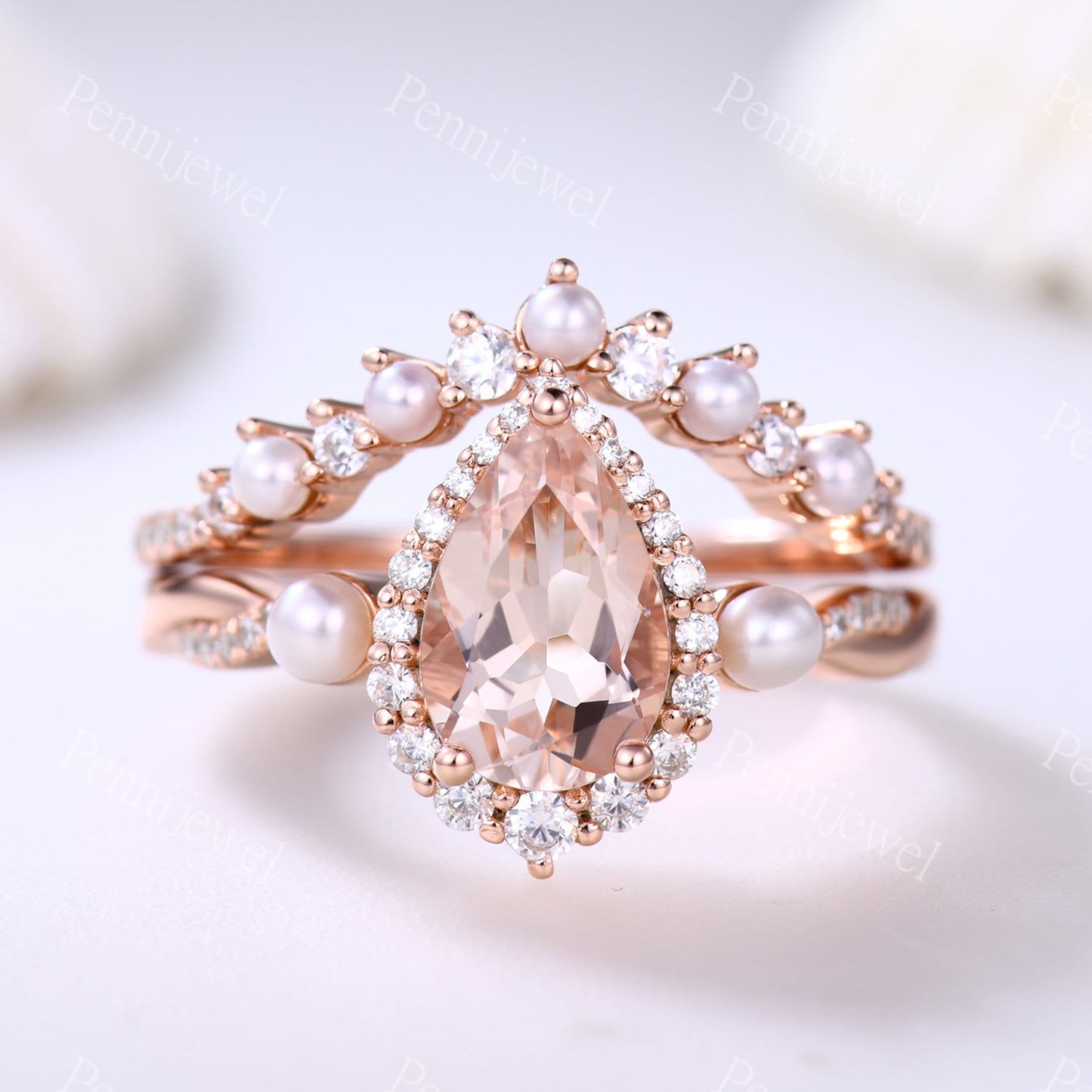 6x9mm Natürlicher Morganit Verlobungsring, Roségold, Pear Cut Diamant Braut Set, Geschwungene Perle Passendes Band, Jubiläumsring von PENNIjewel