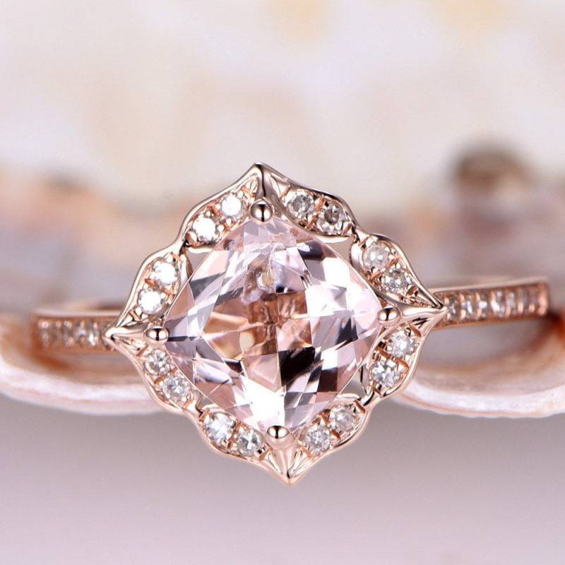 7mm Kissen Morganit Ring Vintage Floral Verlobungsring Roségold Diamant Ehering Unikat Versprechensring Brautring 14K von PENNIjewel