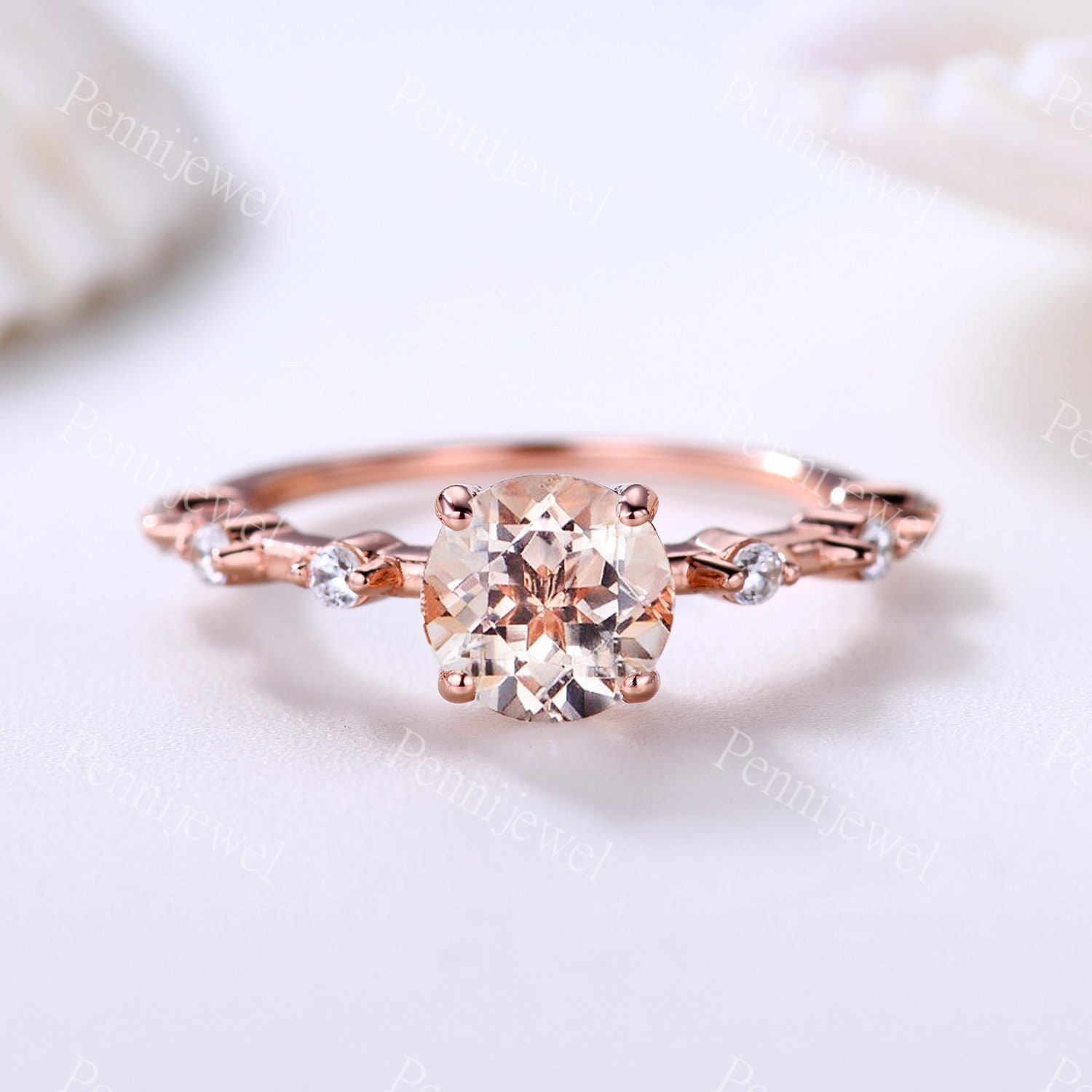 7mm Rundschliff Morganit Verlobungsring, Diamant Ehering, 14K Rose Gold, Art Deco Ring, Jubiläumsgeschenk Für Sie, Versprechen Ring von PENNIjewel