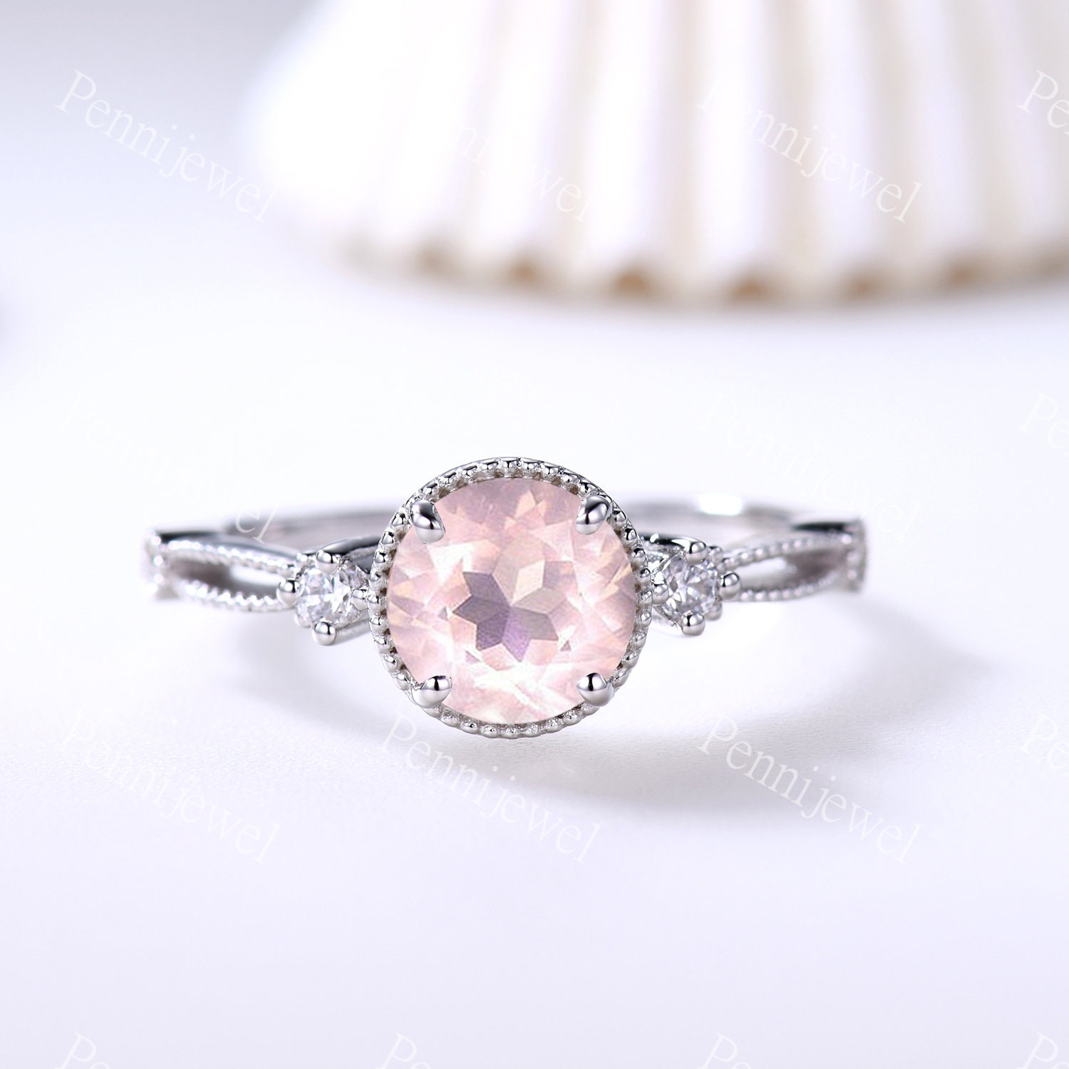 7mm Rundschliff Rosenquarz Verlobungsring, Diamant Milgrain Band, Rosenquarz Diamant Jahrestag Geschenk Für Sie, Pink Edelstein Verlobungsring von PENNIjewel