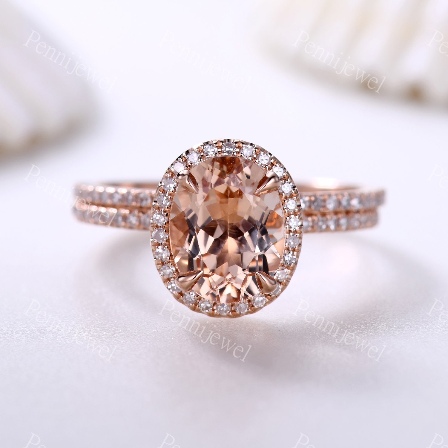 7x9mm Morganit Verlobungsring, Rosegold Unikat Verlobungsring, Oval Cut Morganit, Diamant Ehering, Braut Set Art Deco Ring von PENNIjewel