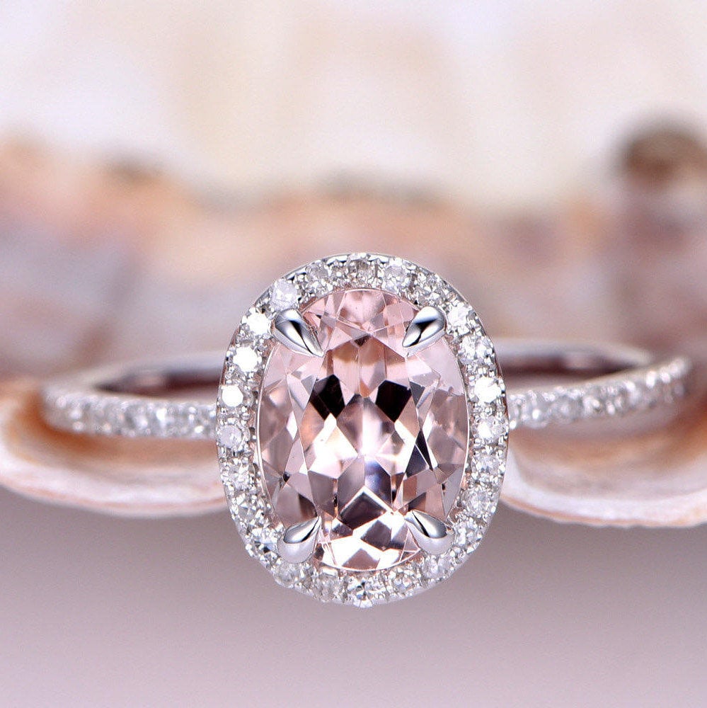 7x9mm Oval Cut Natürlicher Rosa Morganit Verlobungsring Diamant Halo Ring 14K Weißgold Geschenk Für Sie Jahrestag Frauen von PENNIjewel