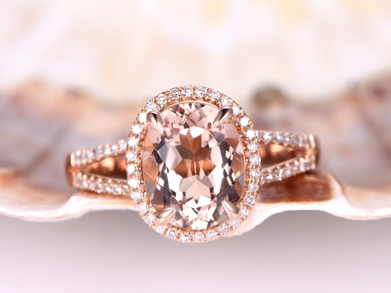 8x10mm Morganit Verlobungsring Pink-Pfirsich Ring Groß Oval Form Natürlicher Unikat Diamant Split Band 14K Rosegold von PENNIjewel