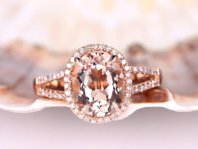 8x10mm Morganit Verlobungsring Pink-Pfirsich Ring Groß Oval Form Natürlicher Unikat Diamant Split Band 14K Rosegold von PENNIjewel