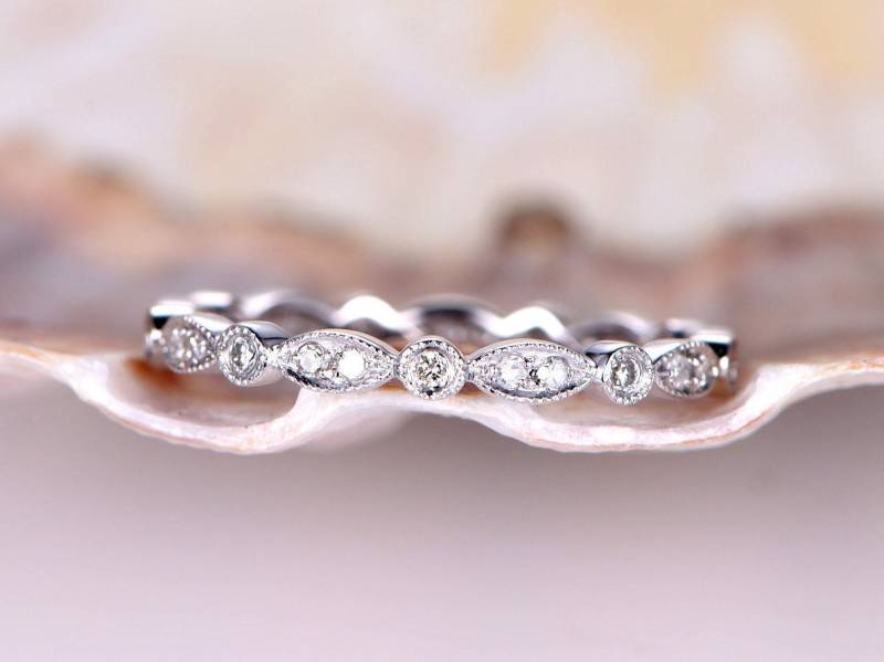 Art Deco Diamant Ehering Band, Weißes Gold Eternity Band, Milgrain Band, Stapelbares Frauen Band, Hochzeitsgeschenk von PENNIjewel