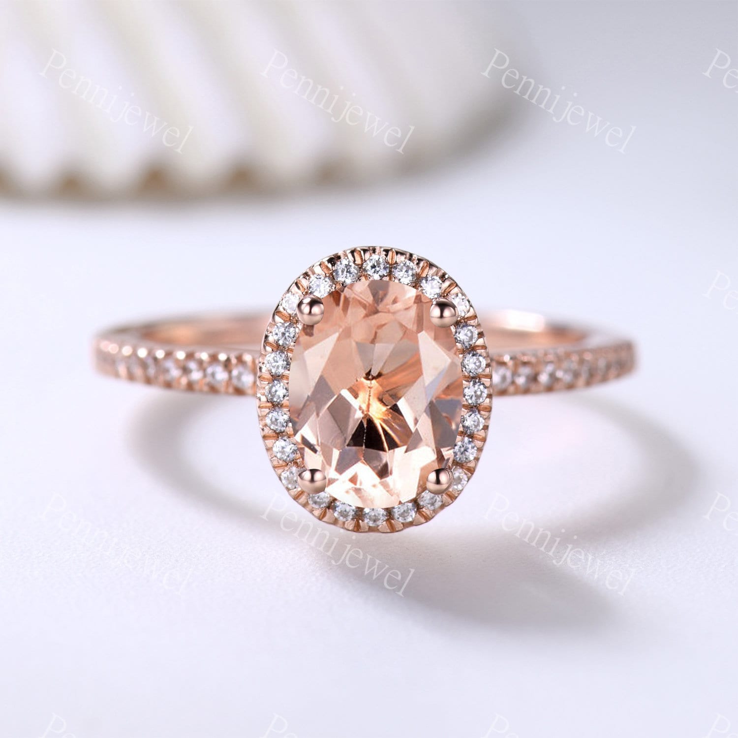 Art Deco Oval Schliff Morganit Brautring Diamant Halo 14K Rose Gold Natürlicher Ring Für Frauen Stapelring Morgantie Schmuck von PENNIjewel