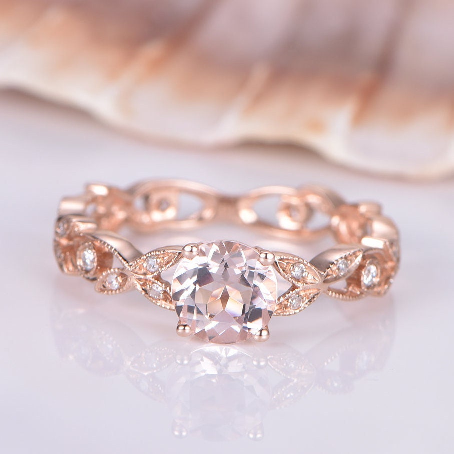 Art Deco Rund Natürlicher Morganit Verlobungsring Natur Inspiriert Diamant Ehering Unikat Braut Jahrestag Ring Roségold von PENNIjewel