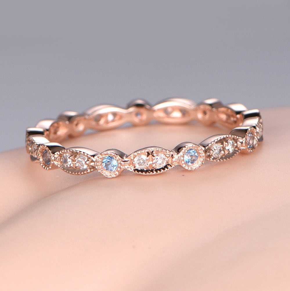 Art Deco Topas Diamant Ehering Rosegold Full Eternity Verlobungsring Milgrain Stapeln Passende Band Jubiläum Geschenk Marquise Set von PENNIjewel