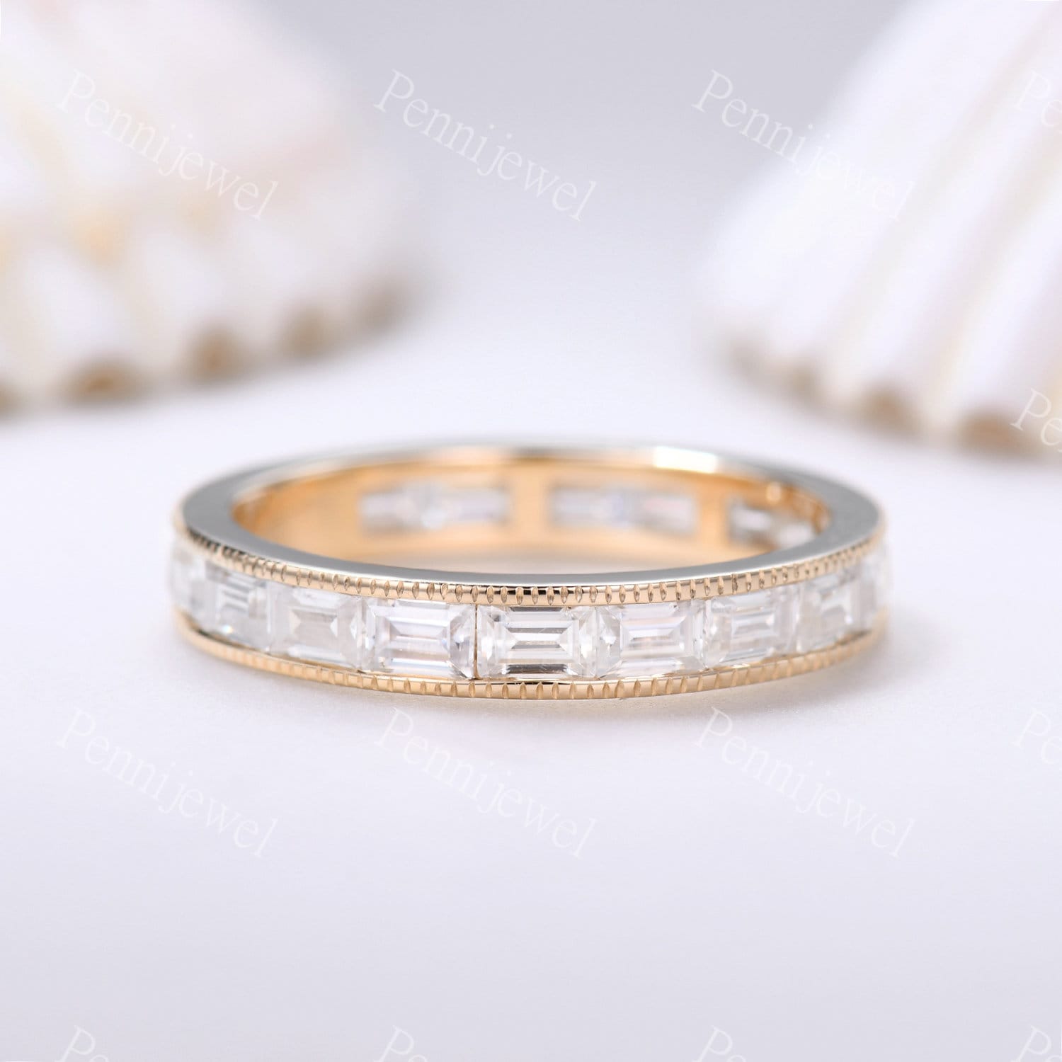 Baguette Schliff Moissanite Ehering, Lünette Set, Full Eternity Versprechen Ring, Stacking Matching Band, Jahrestag Ring Geschenk von PENNIjewel