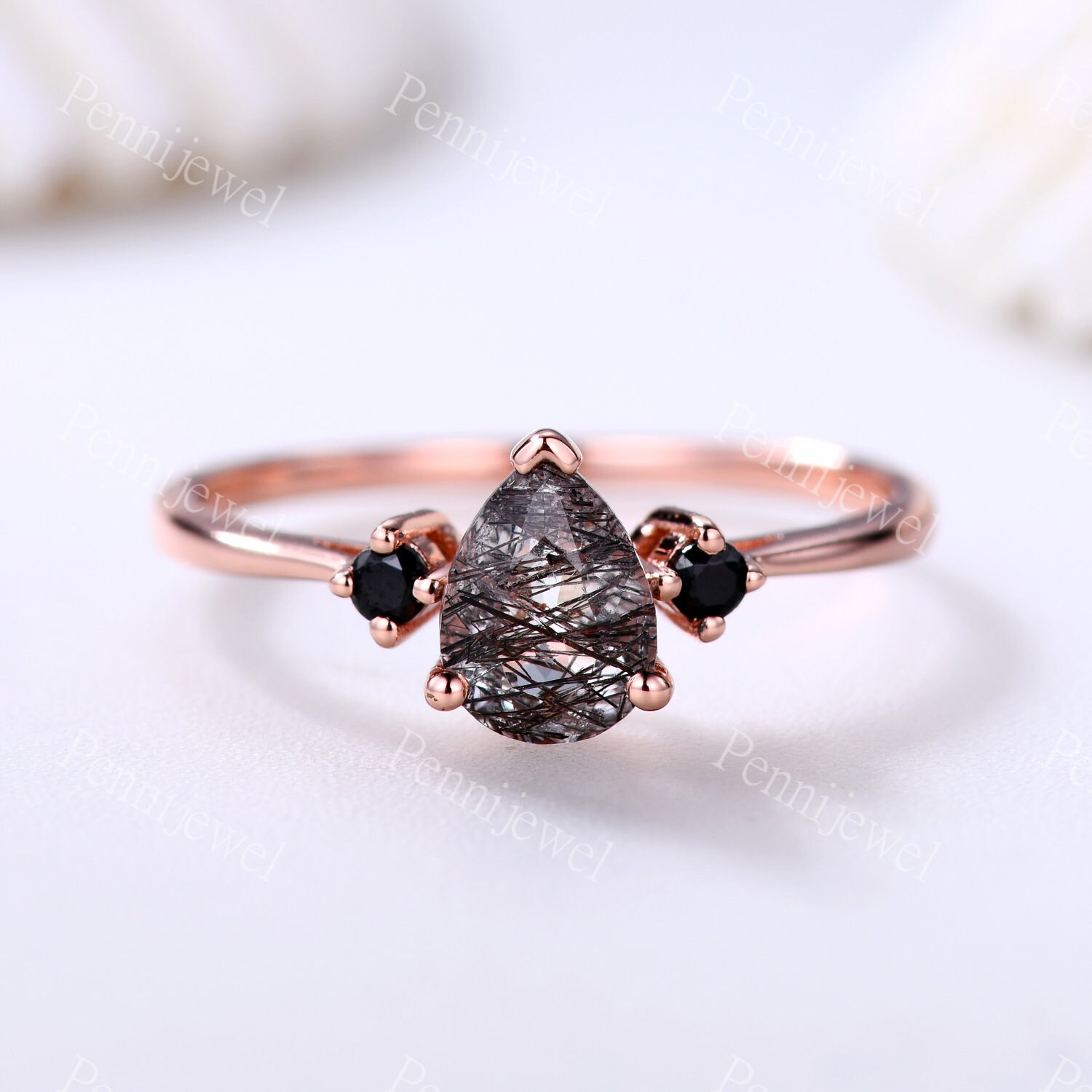 Birnenförmiger Schwarzquarz Rutil Verlobungsring Schwarzer Diamant Rosegold Ehering Retro Ring Versprechen Jubiläum Geschenk Für Sie von PENNIjewel