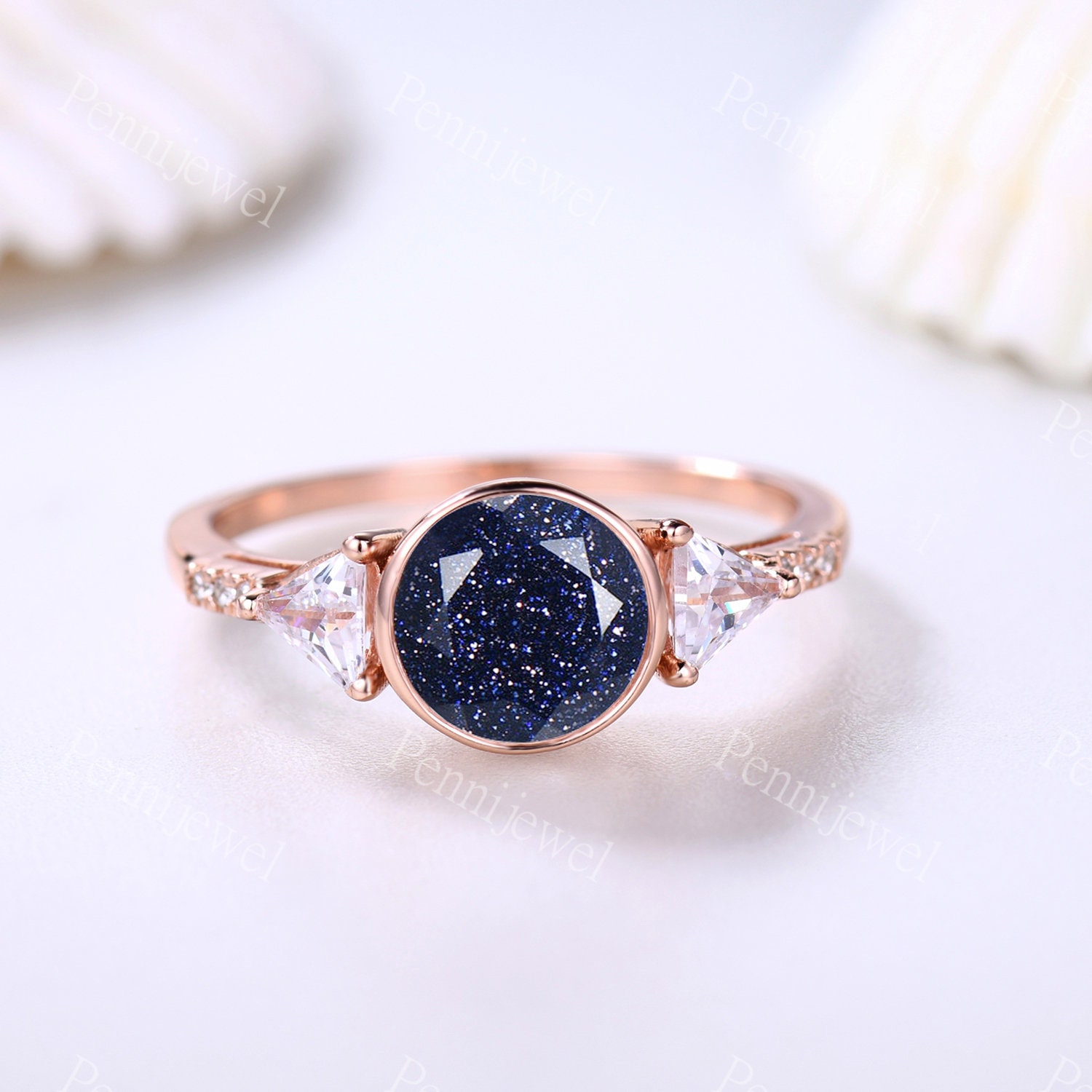 Blauer Sandstein Verlobungsring 14K Rosegold Vintage Verlobungs Versprechen Moissanit Ring Für Frauen Galaxy Handmade von PENNIjewel