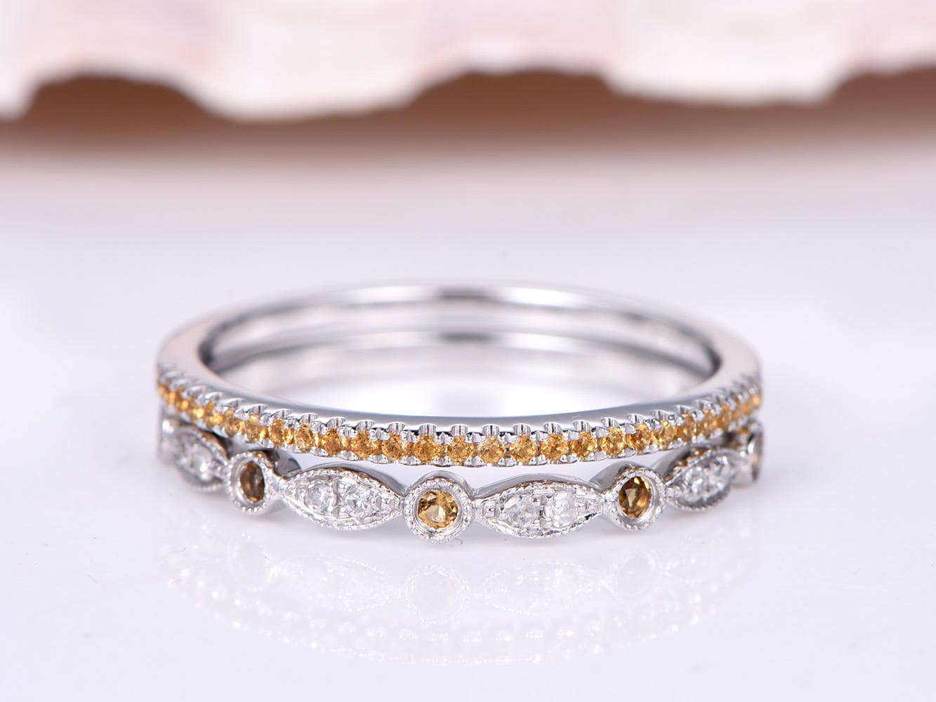 Citrin Diamant Ring Set Natürliche Ehering Art Deco Milgrain Band 14K Weißgold Halb Eternity von PENNIjewel
