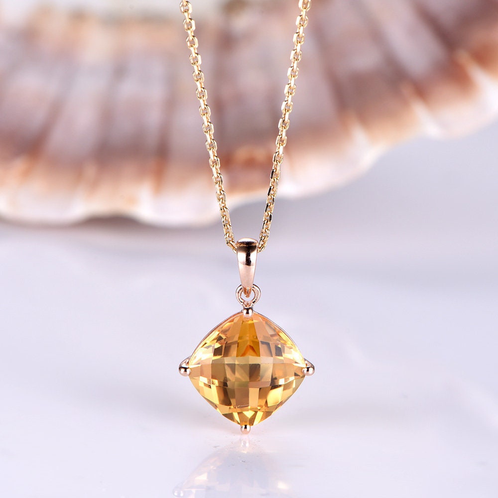 Citrin Halskette Für Frauen 7mm Kissen Geschnitten Anhänger Natürliche Edelstein 18 K Gelbgold November Birthstone Jahrestag Geburtstagsgeschenk von PENNIjewel