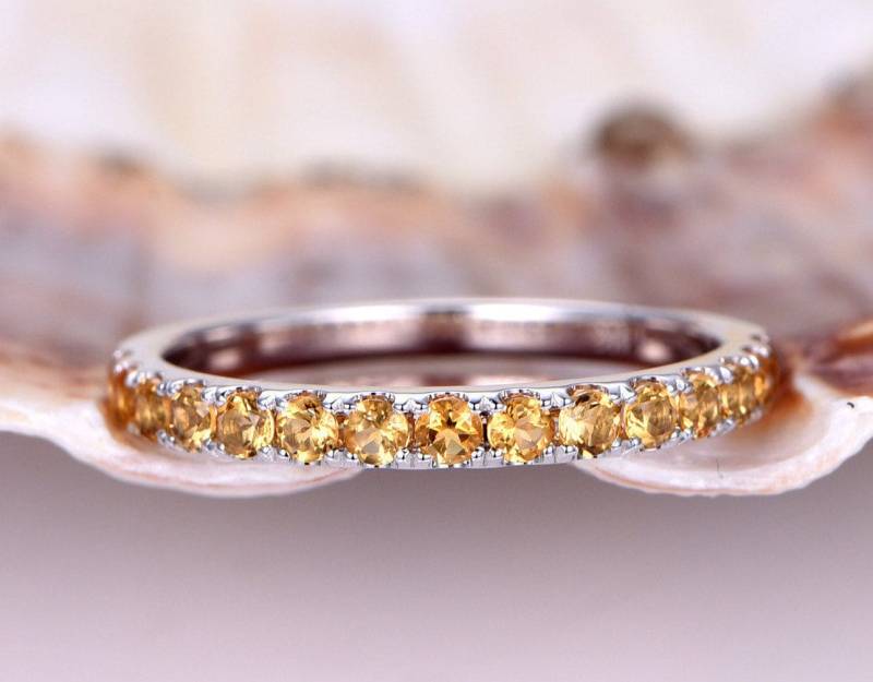 Citrin Hochzeitsband Weiß Gold Halb Ewigkeit Ring Für Frauen Stapeln Passendes Band Jahrestag Vorschlag Schmuck Natur Gelb Edelstein von PENNIjewel