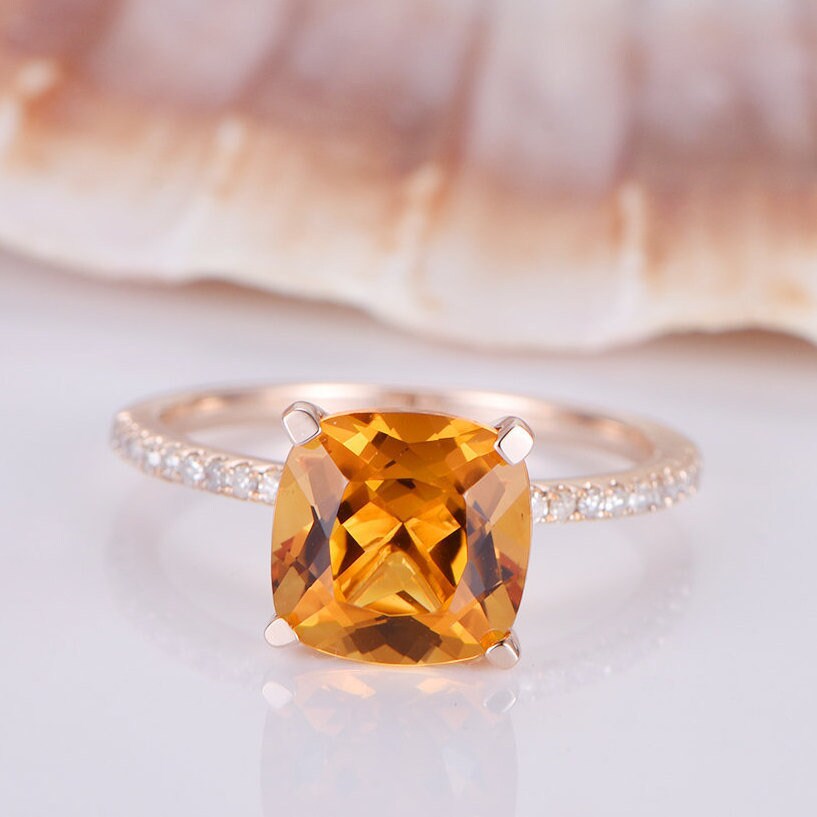 Citrin Ring Roségold Verlobungsring 14K Diamant Ehering 8mm Kissenform Natur If Stein Stapelring von PENNIjewel