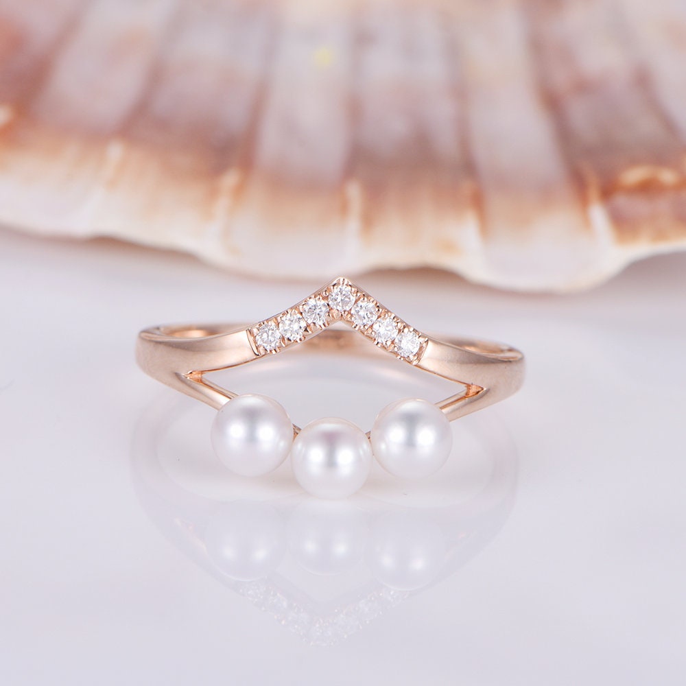 Diamant Ehering Perlenring Massiv 14K Rosegold 4 Mm Meerwasserperlen Vollschliff Halbe Ewigkeit Ring Natürlicher Edelstein Versprechensring von PENNIjewel