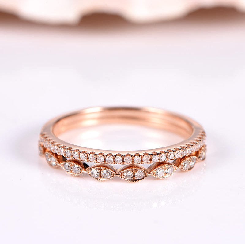 Diamant Ring Set Milgrain Ehering Halb Ewigkeit Stapeln Passende Band Natur Edelstein Jubiläum 14K Roségold von PENNIjewel
