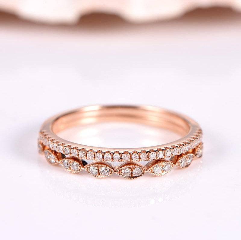 Diamant Ring Set Milgrain Ehering Halb Ewigkeit Stapeln Passende Band Natur Edelstein Jubiläum 14K Roségold von PENNIjewel