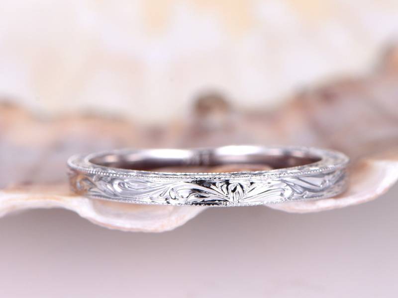 Ehering Carving Trauring 14K Weißgold Ring Schlichtes Goldband Brautring Jahrestagsring Gravur Für Individuelle Kundenschmuck von PENNIjewel